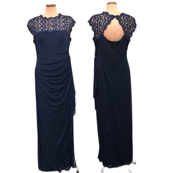 NWT Alex Evenings Gown Maxi Dress Size 14 Metallic Navy Blue Lace Ruched Cutout - Picture 1 of 12